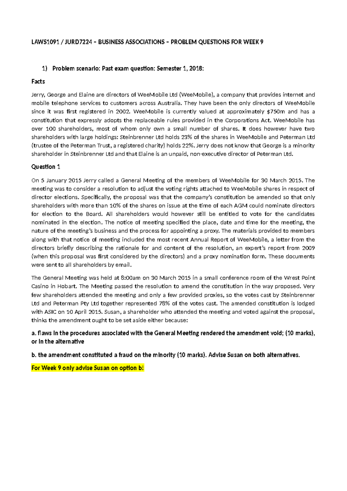 Problem Questions Week 9 - LAWS1091 / JURD7224 – BUSINESS ASSOCIATIONS ...