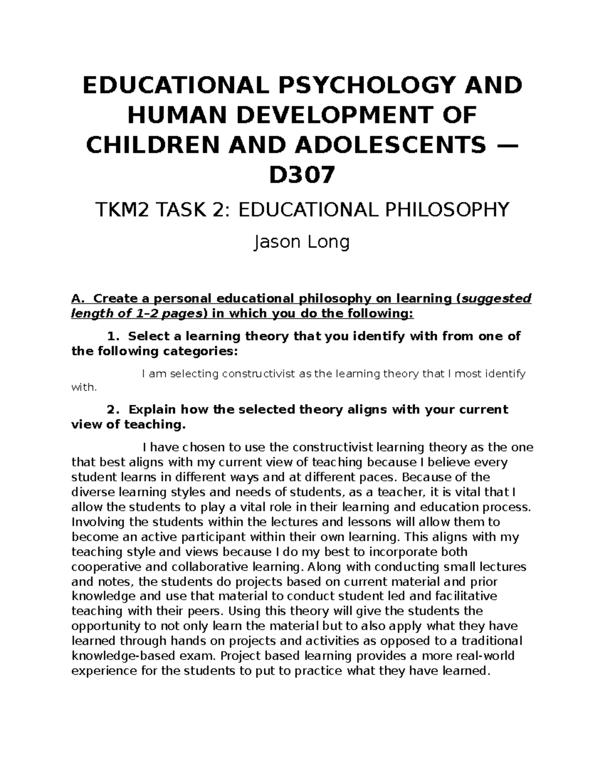 Task 2 - Performance Assessment Task 2 of Educational Psychology and ...
