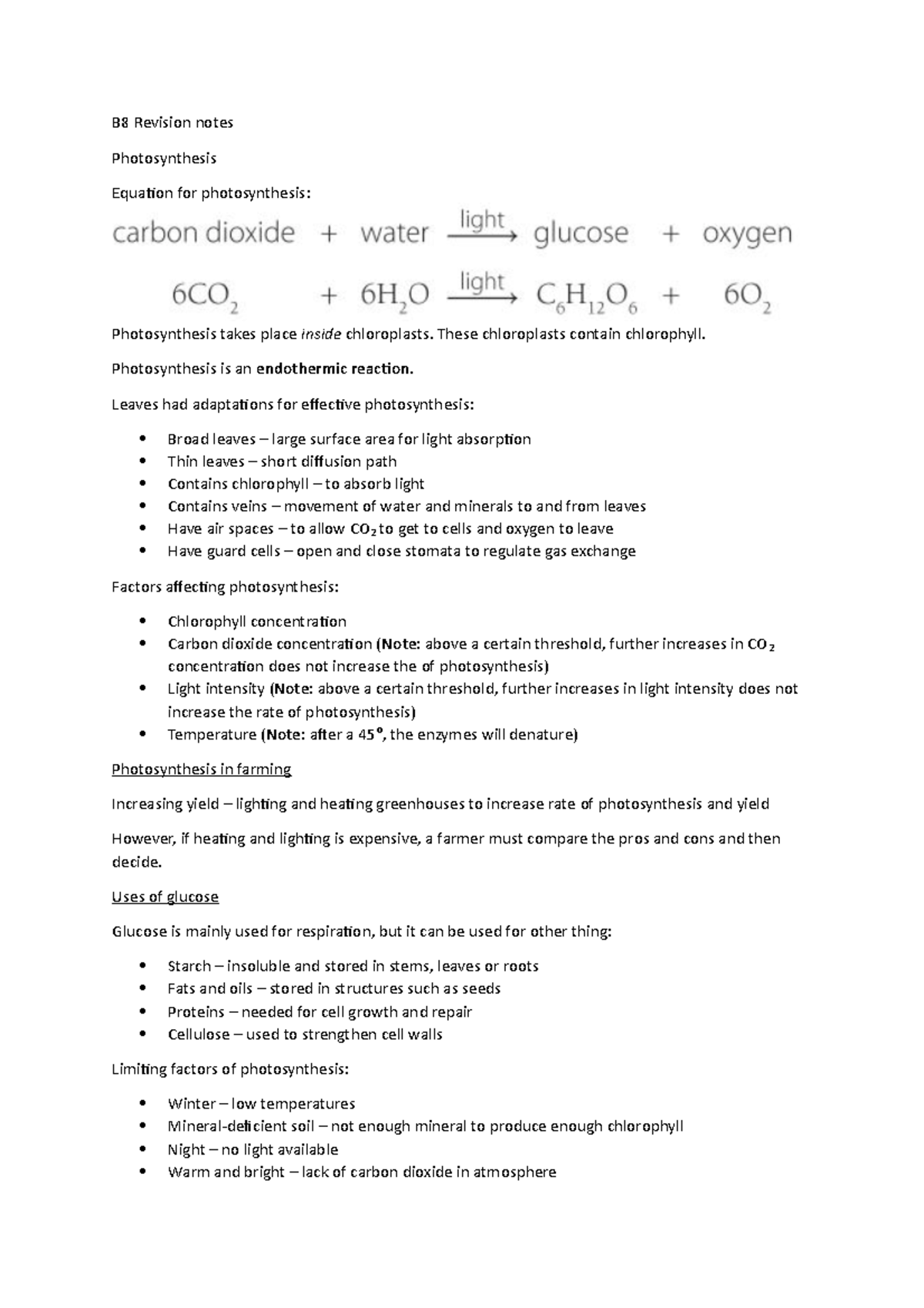 B8 Revision Notes - GCSE Biology - B8 Revision Notes Photosynthesis ...