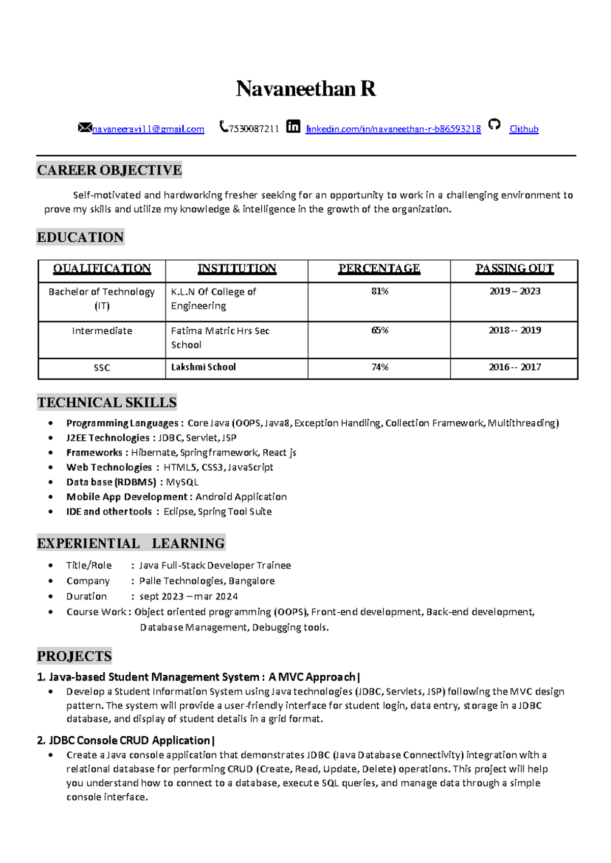 Java Developer Resume Sample - Navaneethan R navaneeravi11@gmail ...
