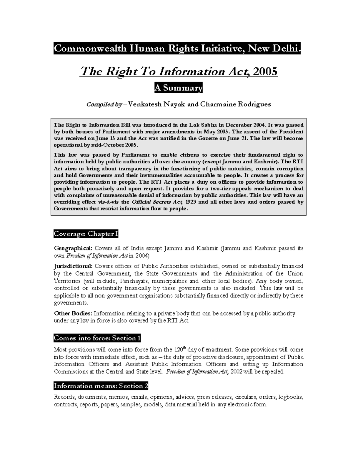 Rti Act 2005 Summary - 4th Sem Kslu - Commonwealth Human Rights ...