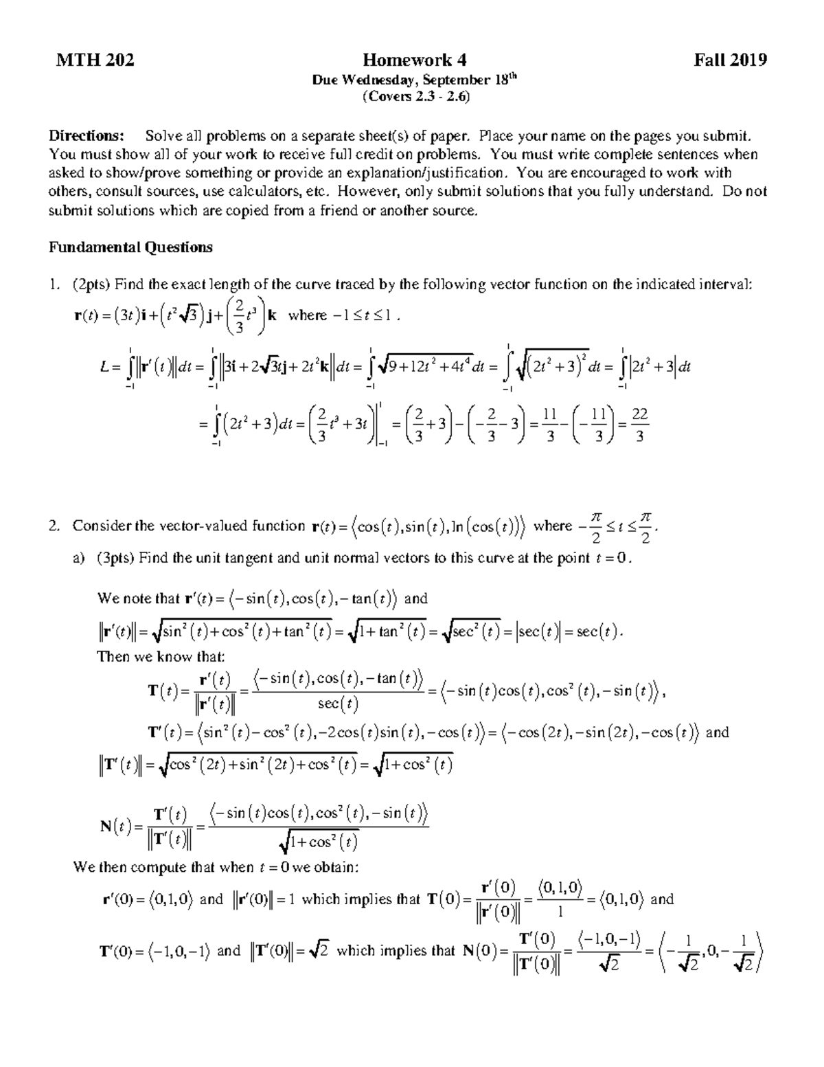 Homework 4 Solutions - MTH 202 Homework 4 Due Wednesday, September 18 ...