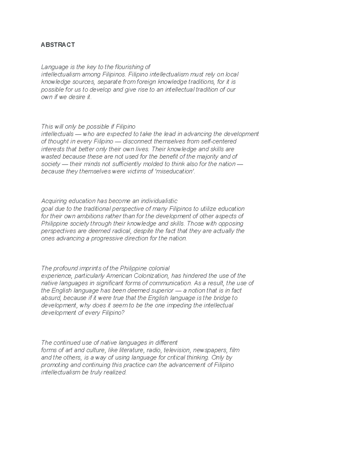 Filipino - Filipino intellectualism must rely on local knowledge ...