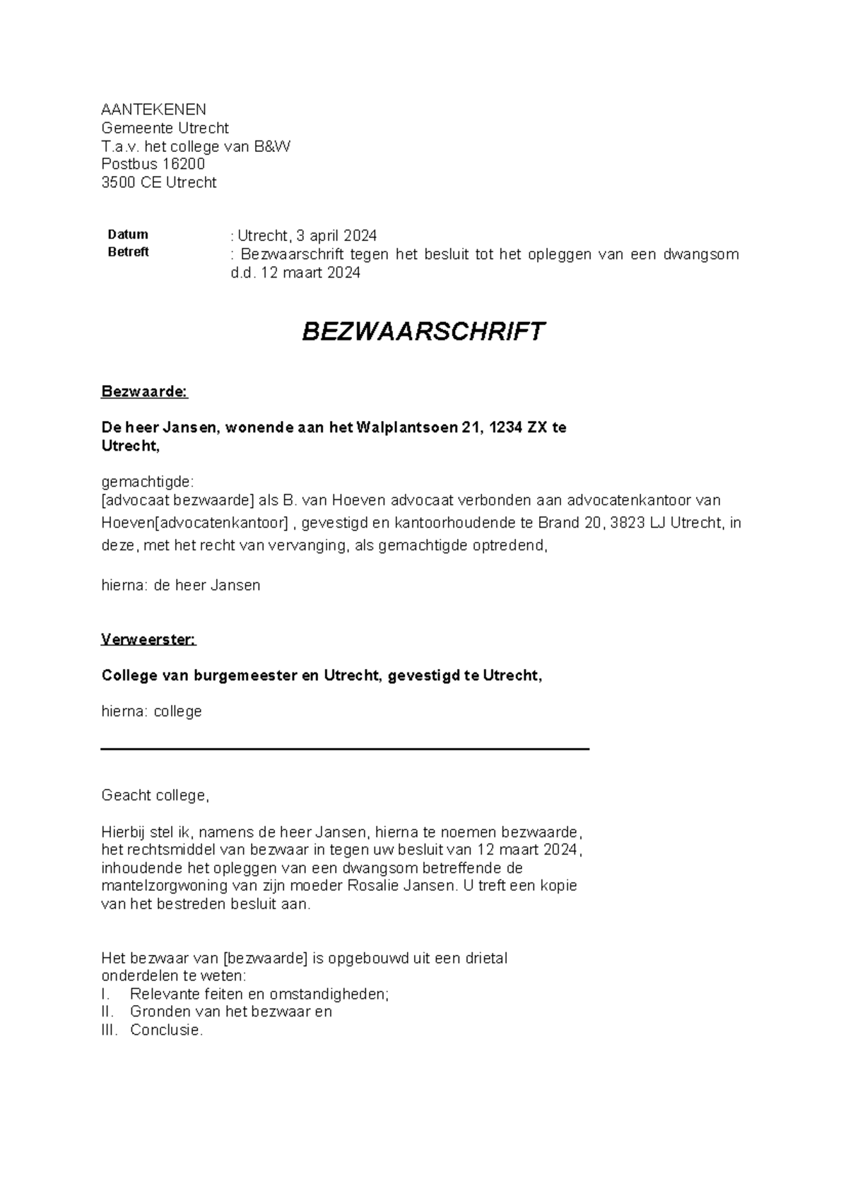 Bezwaarschrift - AANTEKENEN Gemeente Utrecht T.a. Het College Van B&W ...