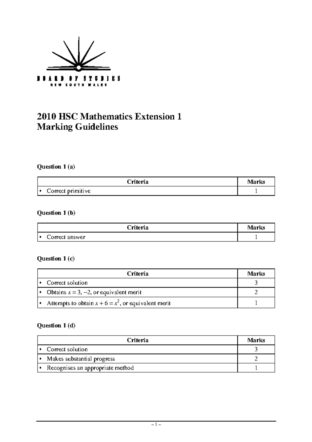 Maths Ext 1 2010 HSC Marking Guidelines 2010 HSC Mathematics Extension 1 Marking Guidelines