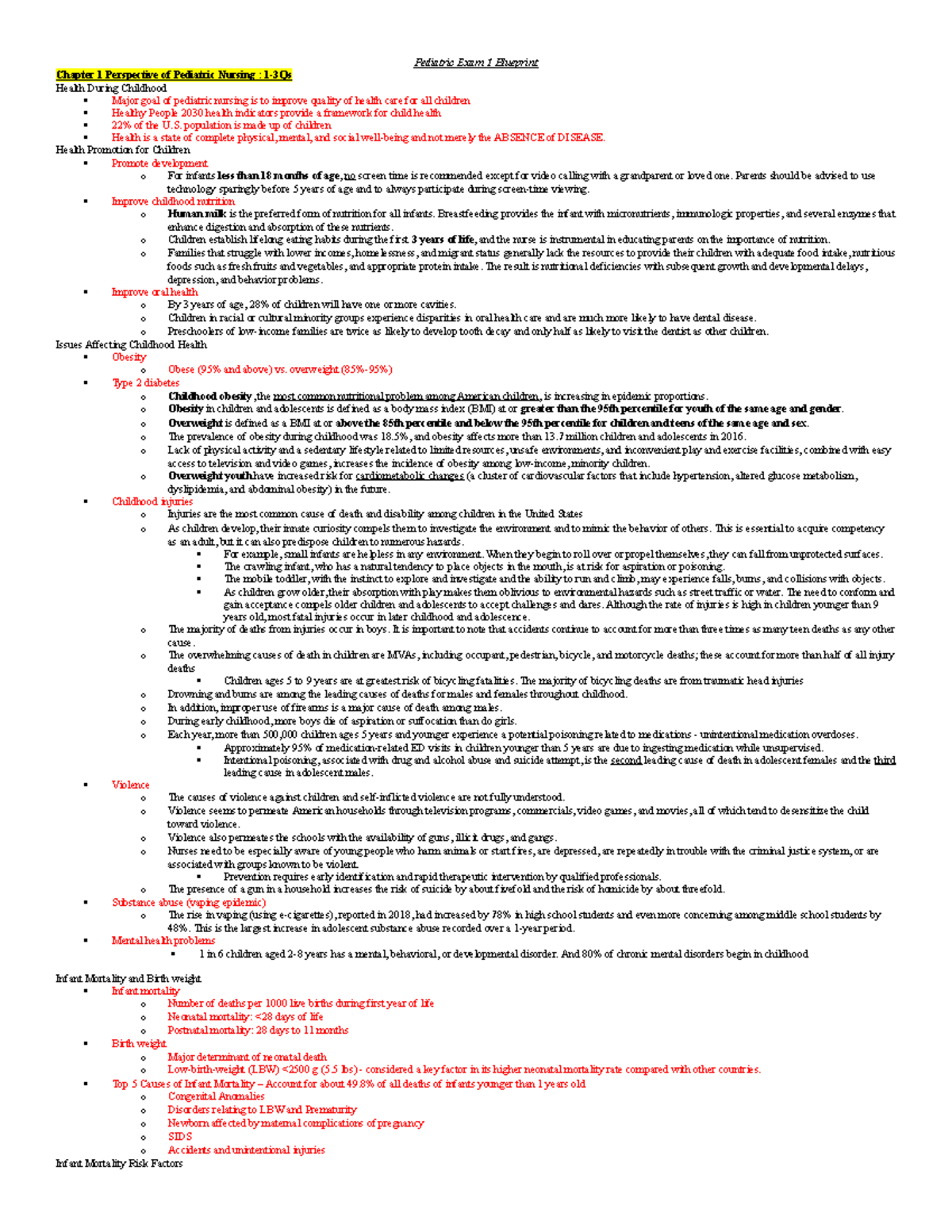 Pediatric Exam 1 Blueprint - Pediatric Exam 1 Blueprint Chapter 1 ...