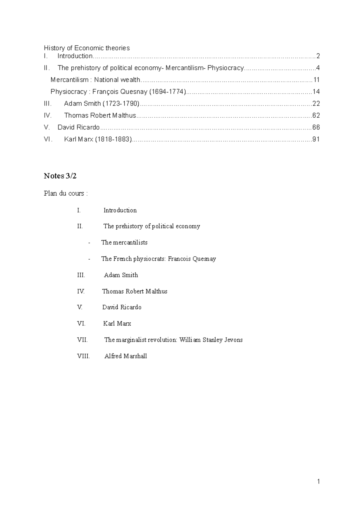 Note Finale avec Pp History of Economic theory History of Economic theories I. Studocu