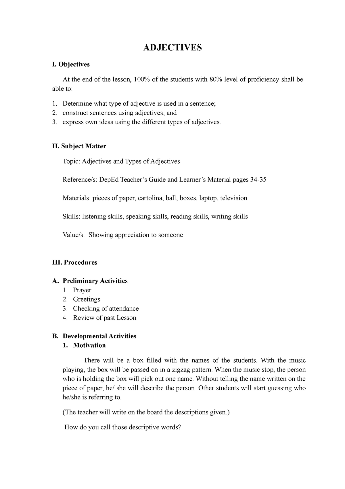 Detailed Lesson Plan In Elementary Mathematics Plans Learning List Of Adjectives Pdf Download 