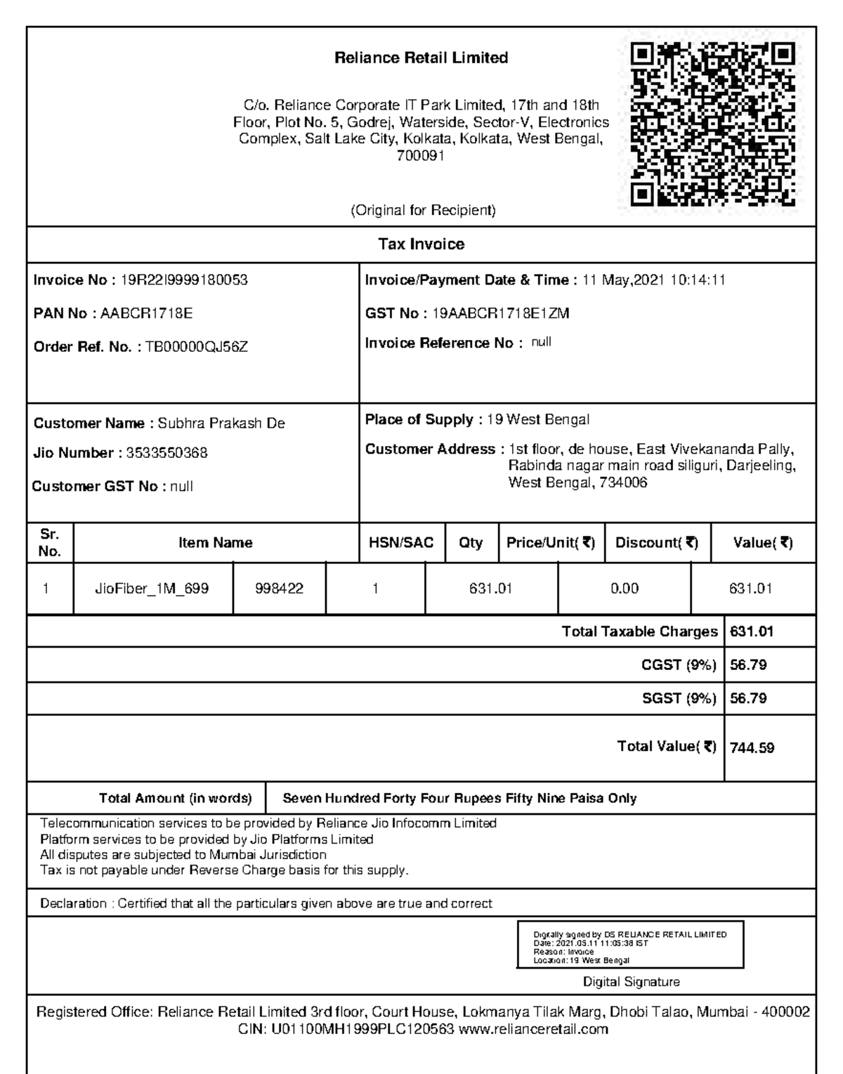 Scribd - Vjvjfud - Tax Invoice (Original for Recipient) Reliance Retail ...