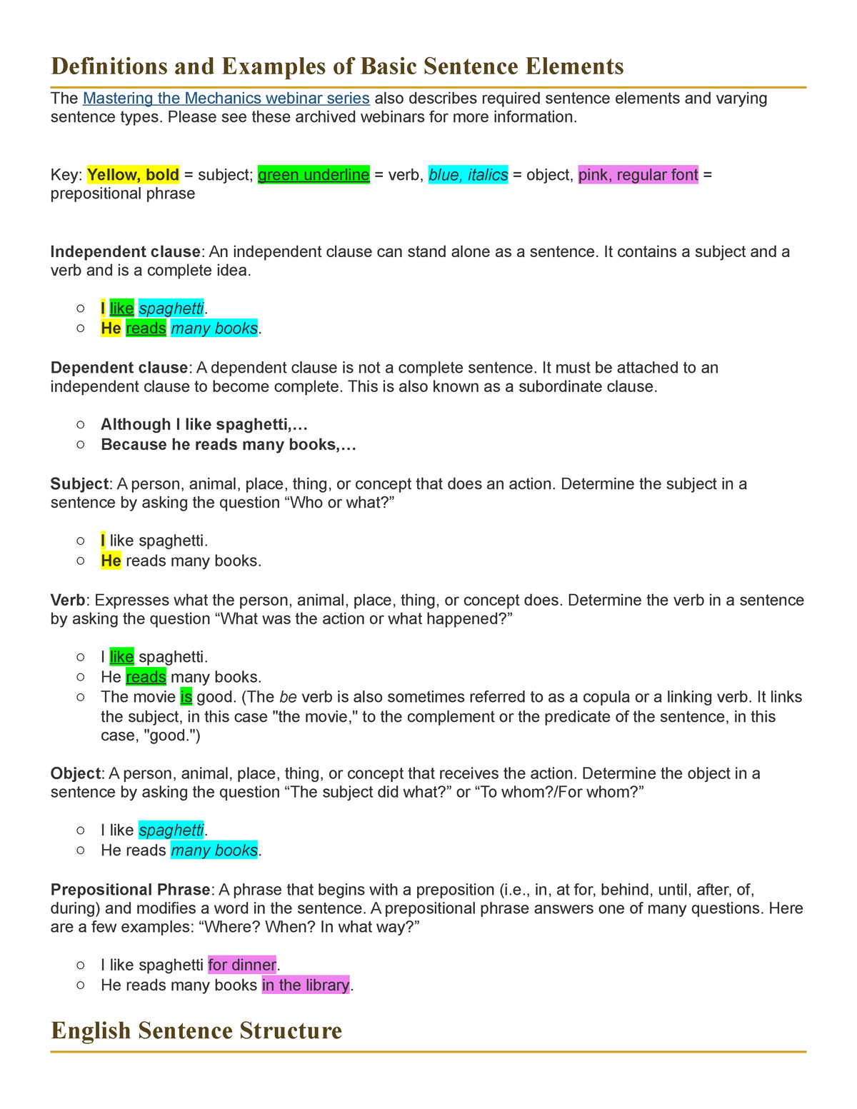 Definitions and Examples of Basic Sentence Elements - Please see these ...