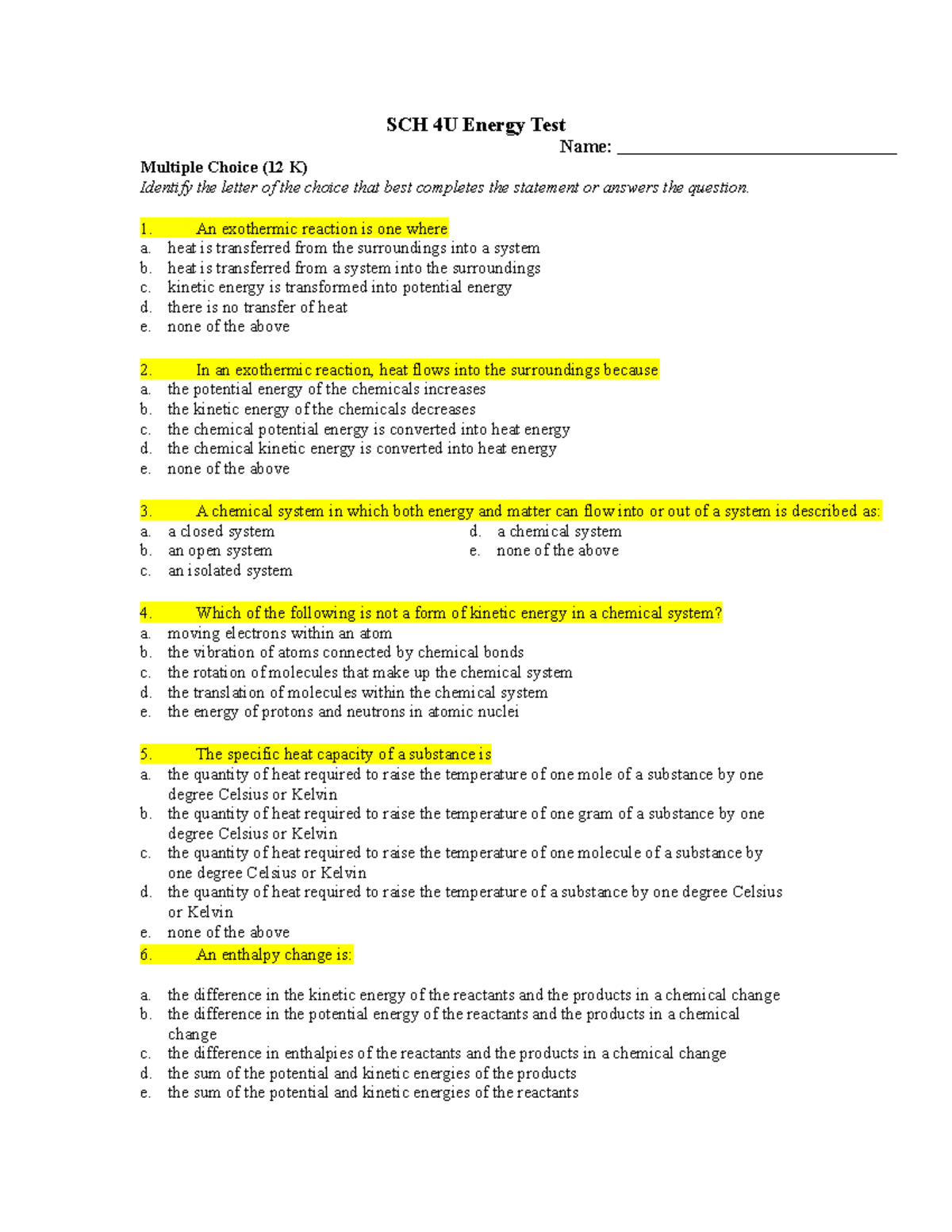 SCH 4UEnergy W10 Good Practice SCH 4U Energy Test Name Multiple