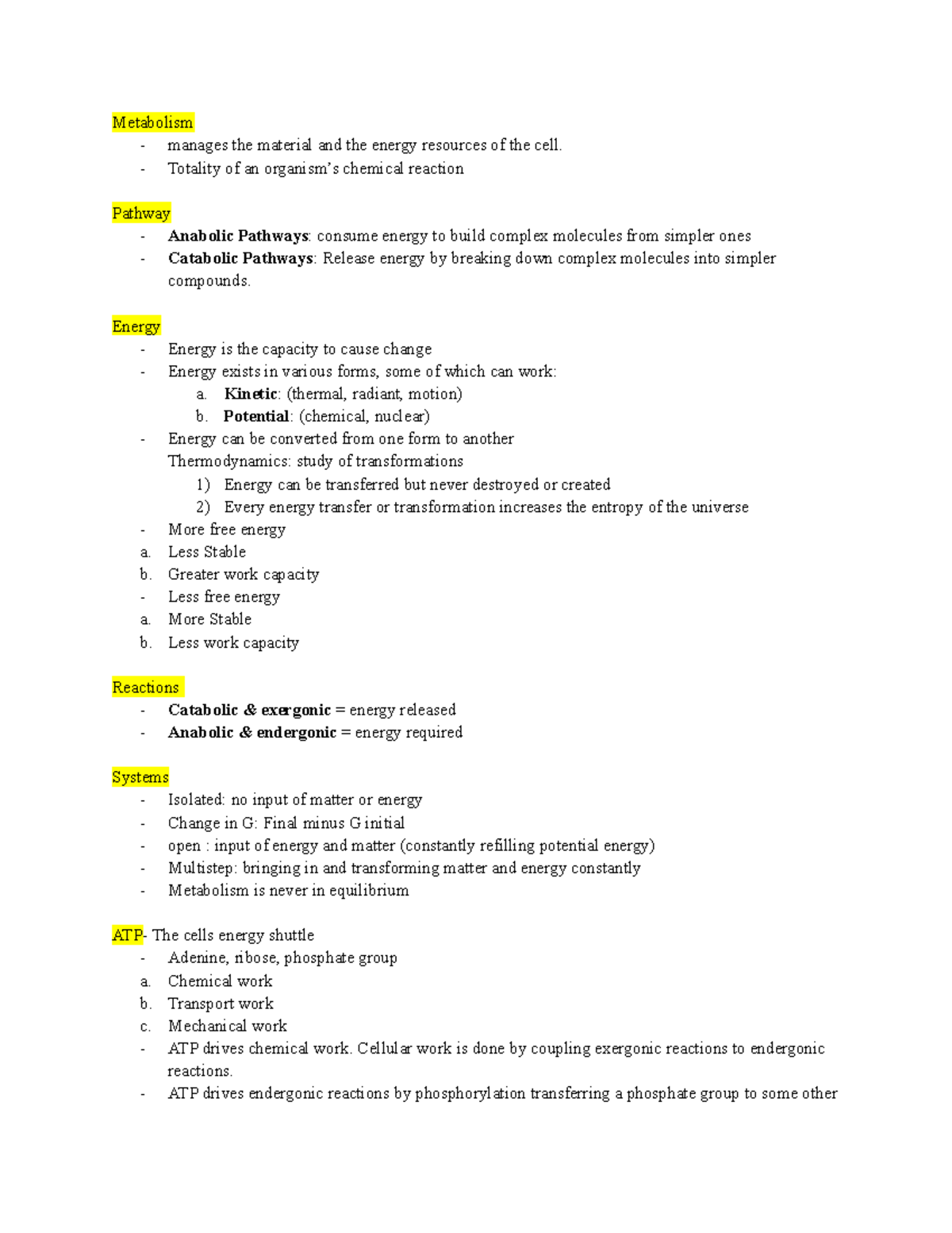 Chapter 8 notes - Metabolism - manages the material and the energy ...