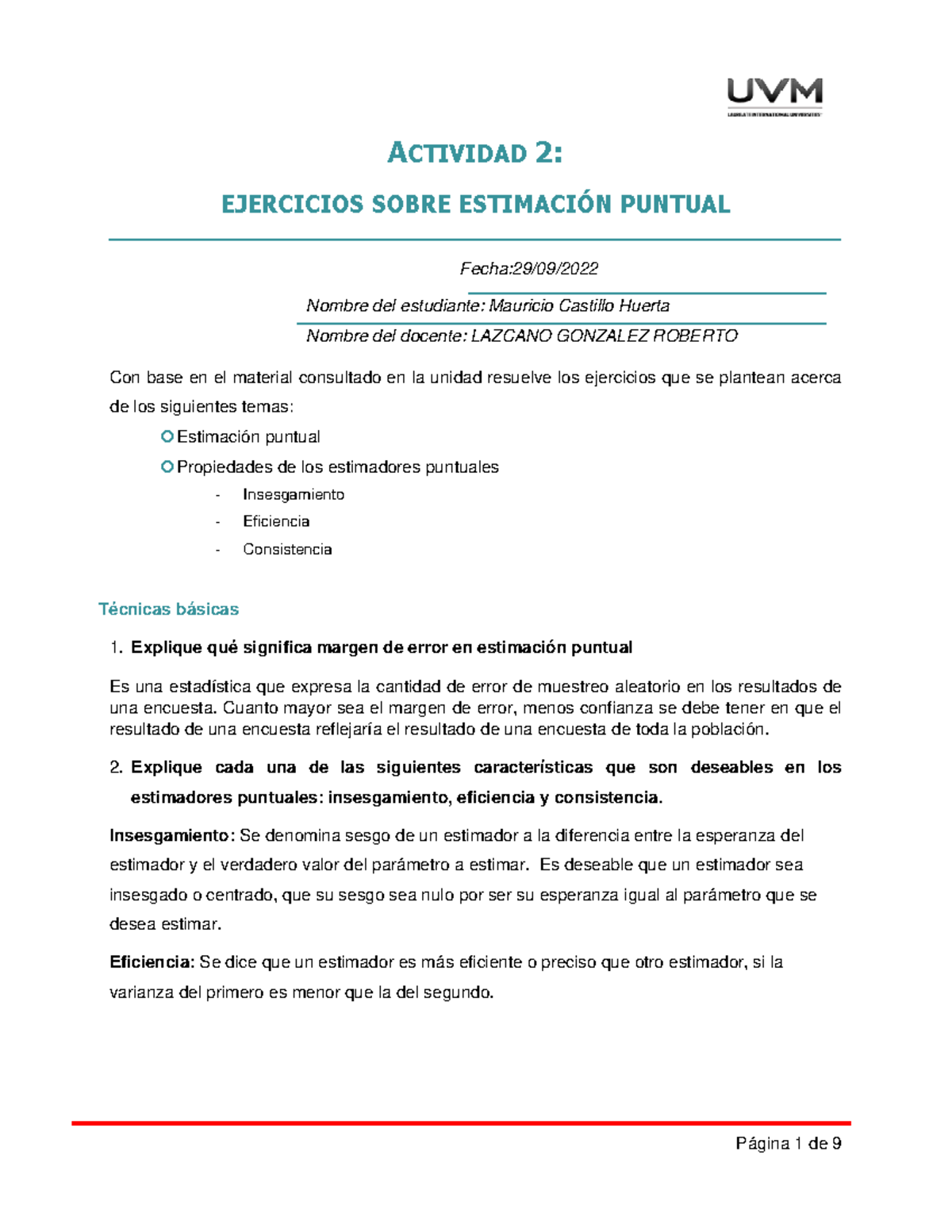 Act 2. Estadistica - ACTIVIDAD 2: EJERCICIOS SOBRE ESTIMACI”N PUNTUAL ...