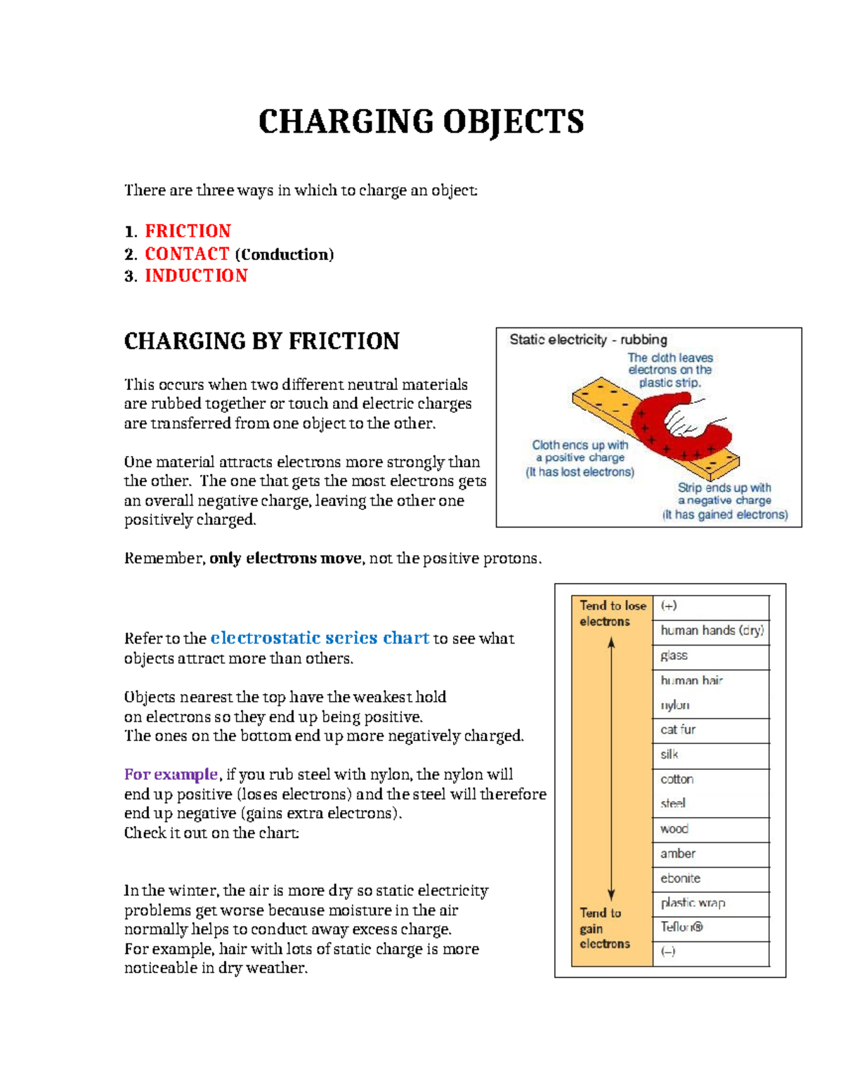 Note 4 - charging by friction - CHARGING OBJECTS There are three ways ...