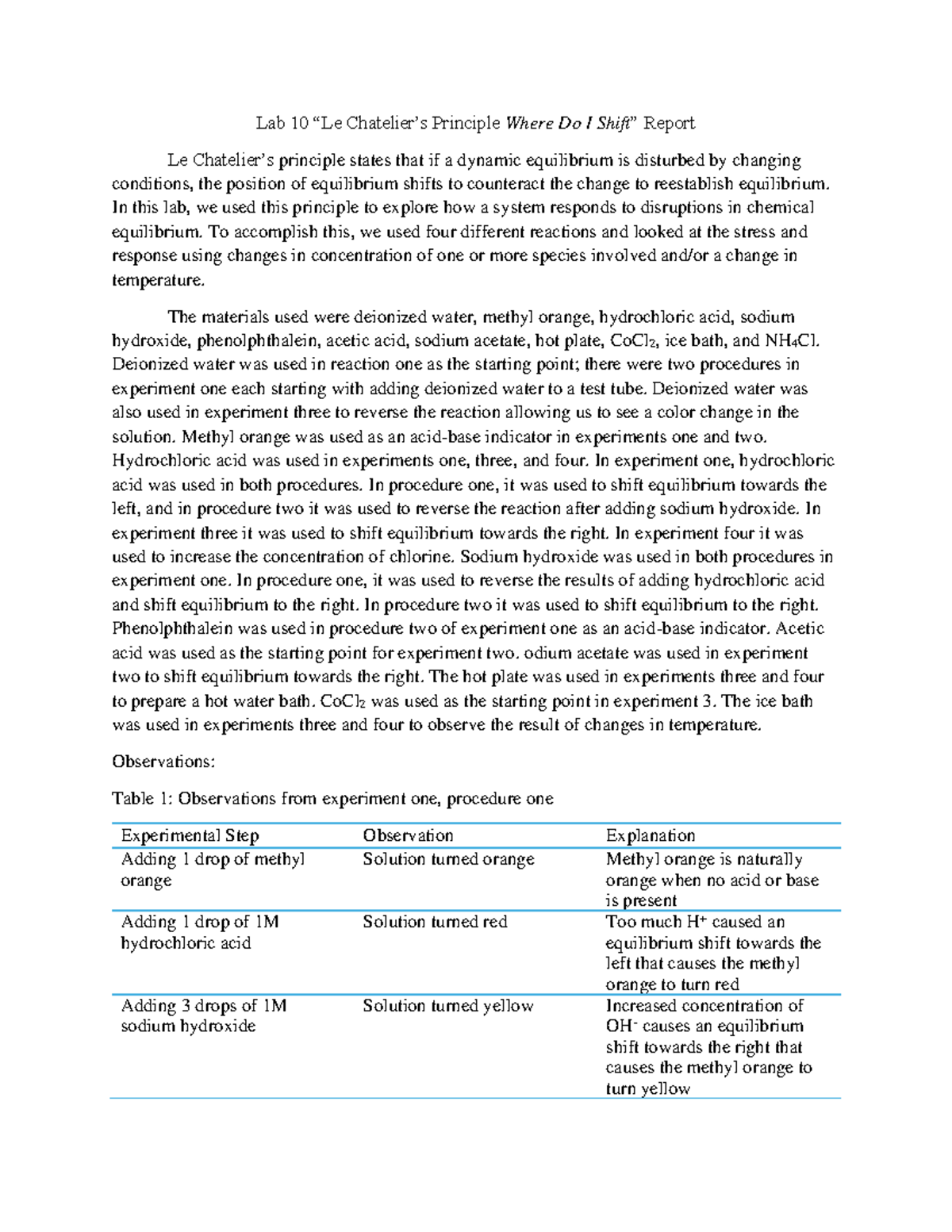 Lab 10 Report - Lab 10 “Le Chatelier’s Principle Where Do I Shift ...