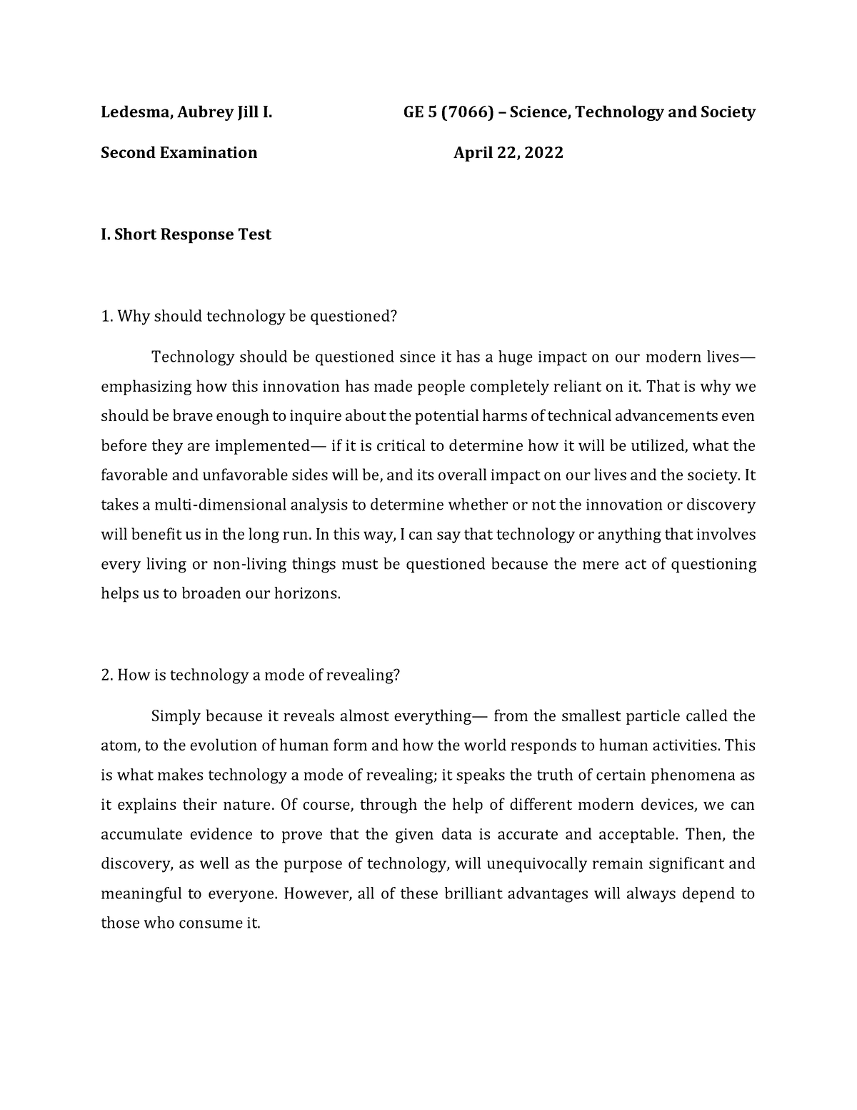 Science, Technology and Society Third Examination - Ledesma, Aubrey ...