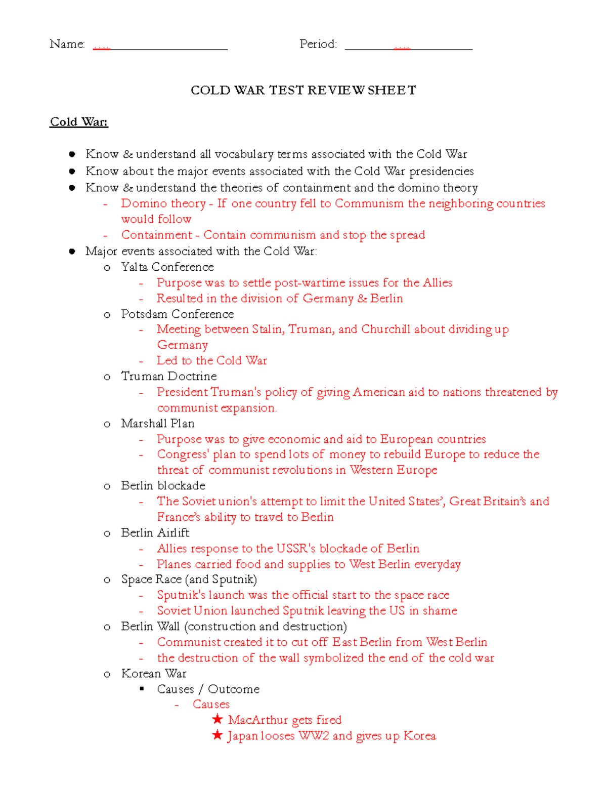 Cold War Test Review Sheet - Name: . Period: .__ COLD WAR TEST REVIEW  SHEET - Studocu