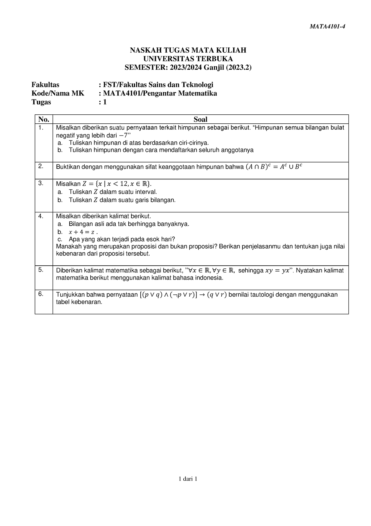 Soal Mata4101 Tmk1 4 - MATA4101- 4 1 Dari 1 NASKAH TUGAS MATA KULIAH ...