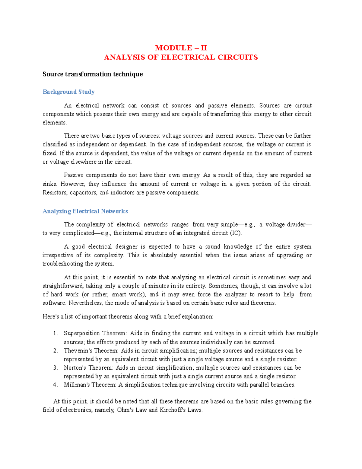 Analysis OF Electrical Circuits - MODULE – II ANALYSIS OF ELECTRICAL ...