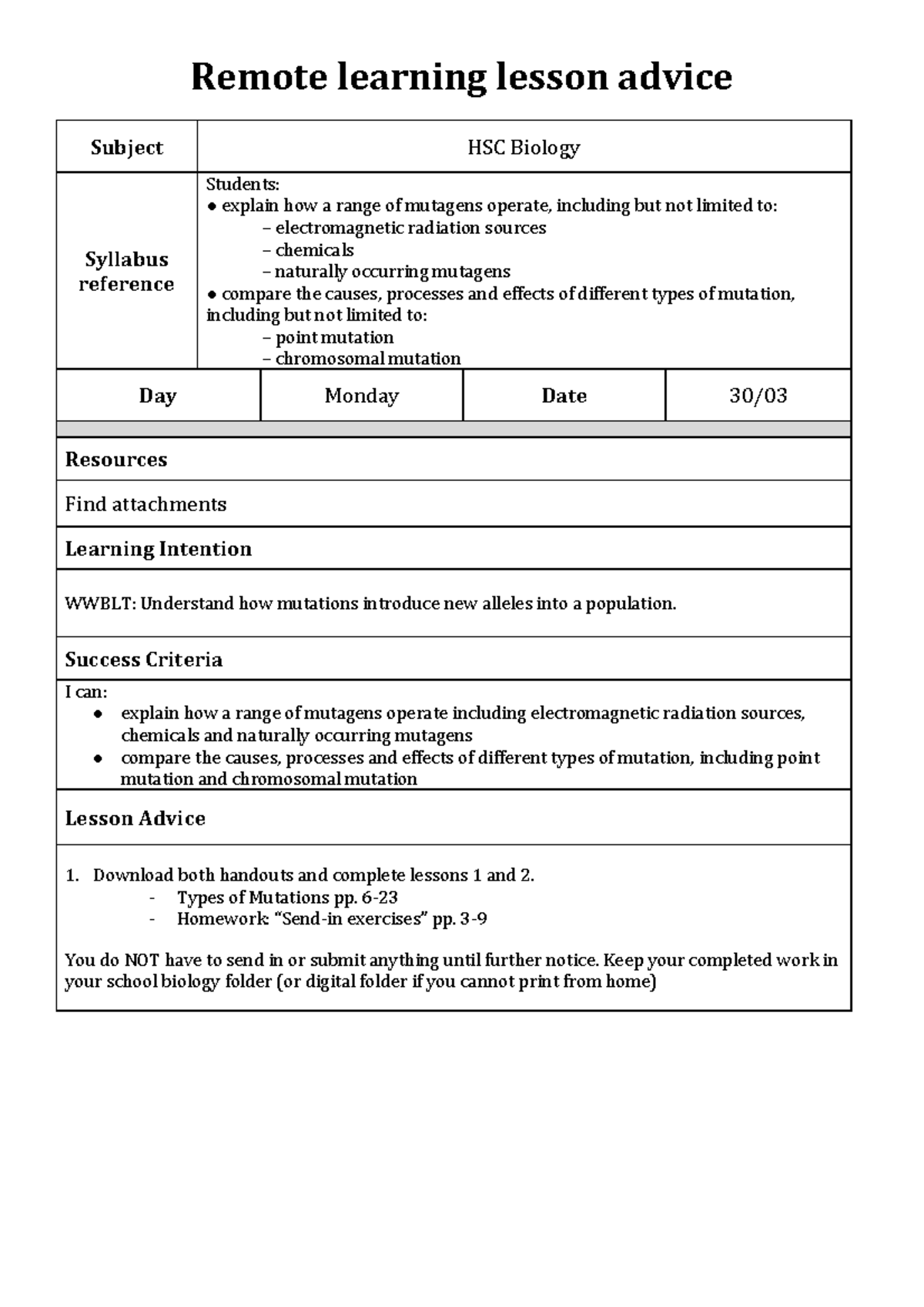 Biology Lesson sheet 2 - random - Remote learning lesson advice Subject ...