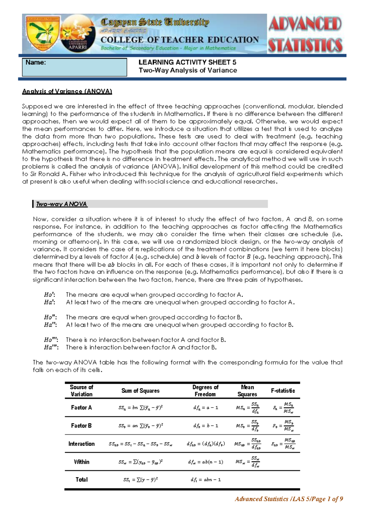 AS LAS 5 - For BSED MATH STUDENTS - Name: LEARNING ACTIVITY SHEET 5 Two ...
