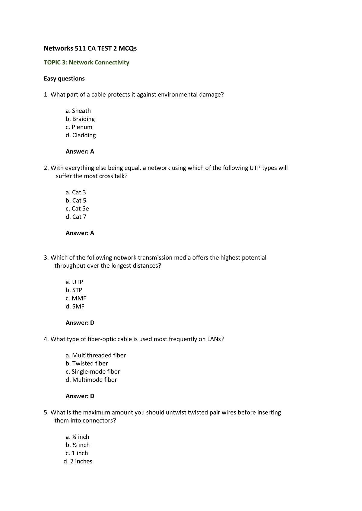 Networks 511 CA TEST 2 MCQs 2017 - Networks 511 CA TEST 2 MCQs TOPIC 3 ...