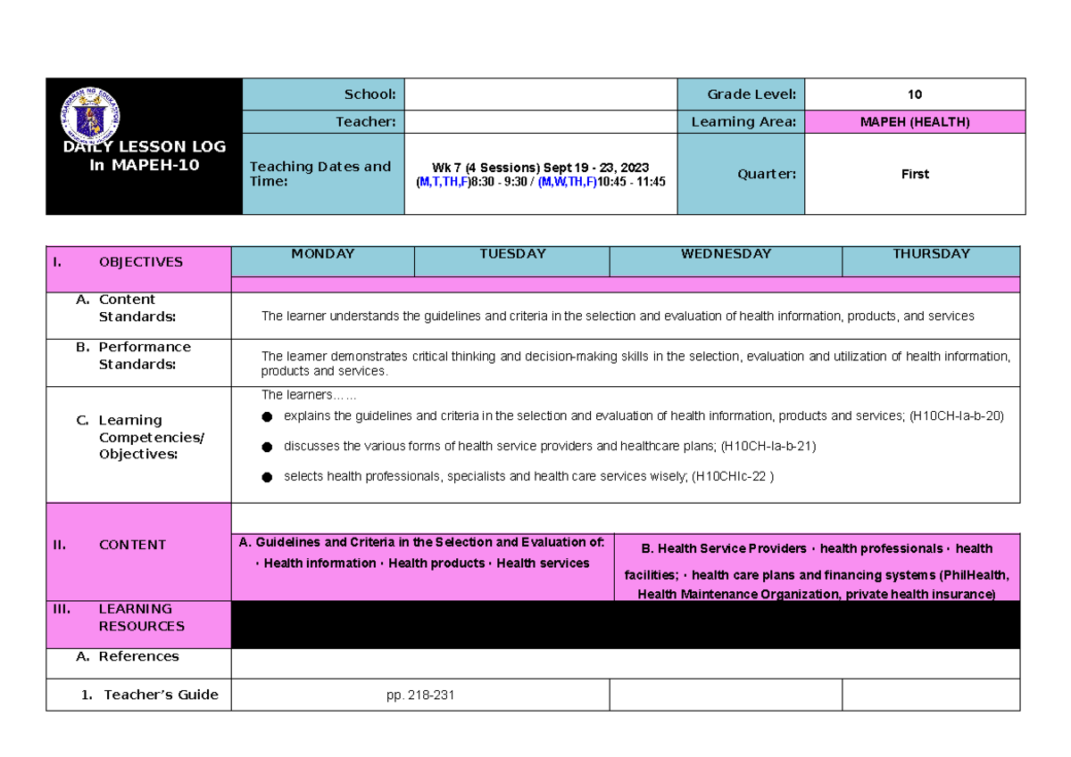 Q1 DLL Health 10 WEEK1 - DLL - DAILY LESSON LOG In MAPEH- School: Grade ...