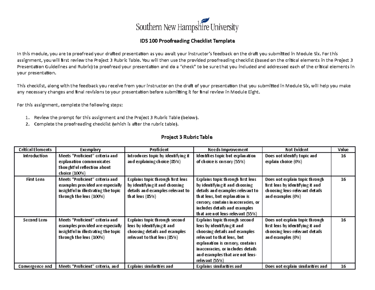 IDS 100 Proofreading Checklist Template - For this assignment, you will ...