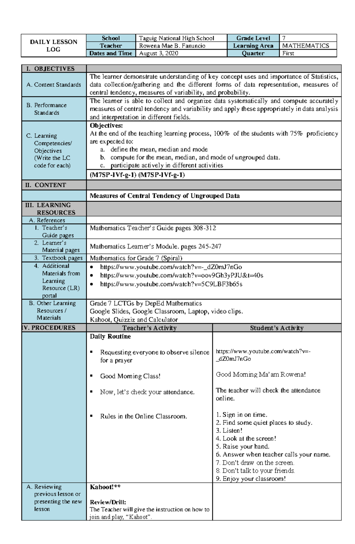 482440900 Detailed Lesson Plan in Math - DAILY LESSON LOG School Taguig ...
