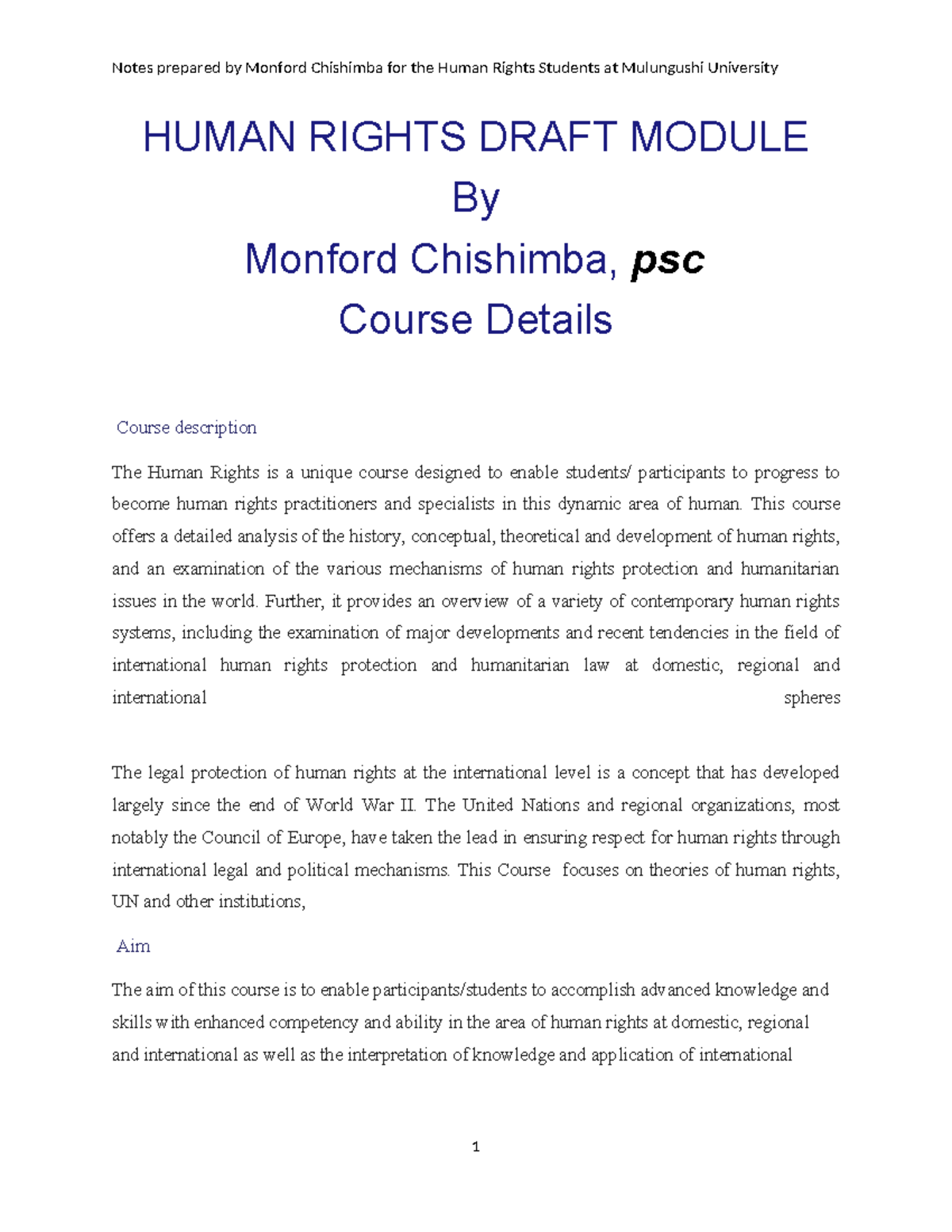 Human Rights Lecture Notes Monford - HUMAN RIGHTS DRAFT MODULE By ...