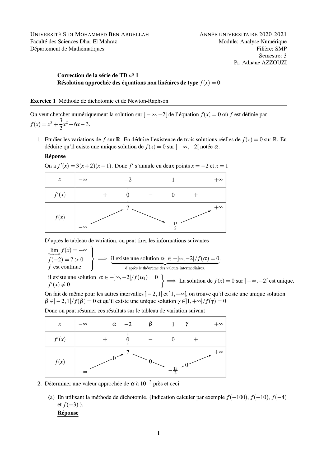 Correction ANALYSE NUMERIQUE Td 1 SMP S3 - UNIVERSITÉ SIDI MOHAMMED BEN ...