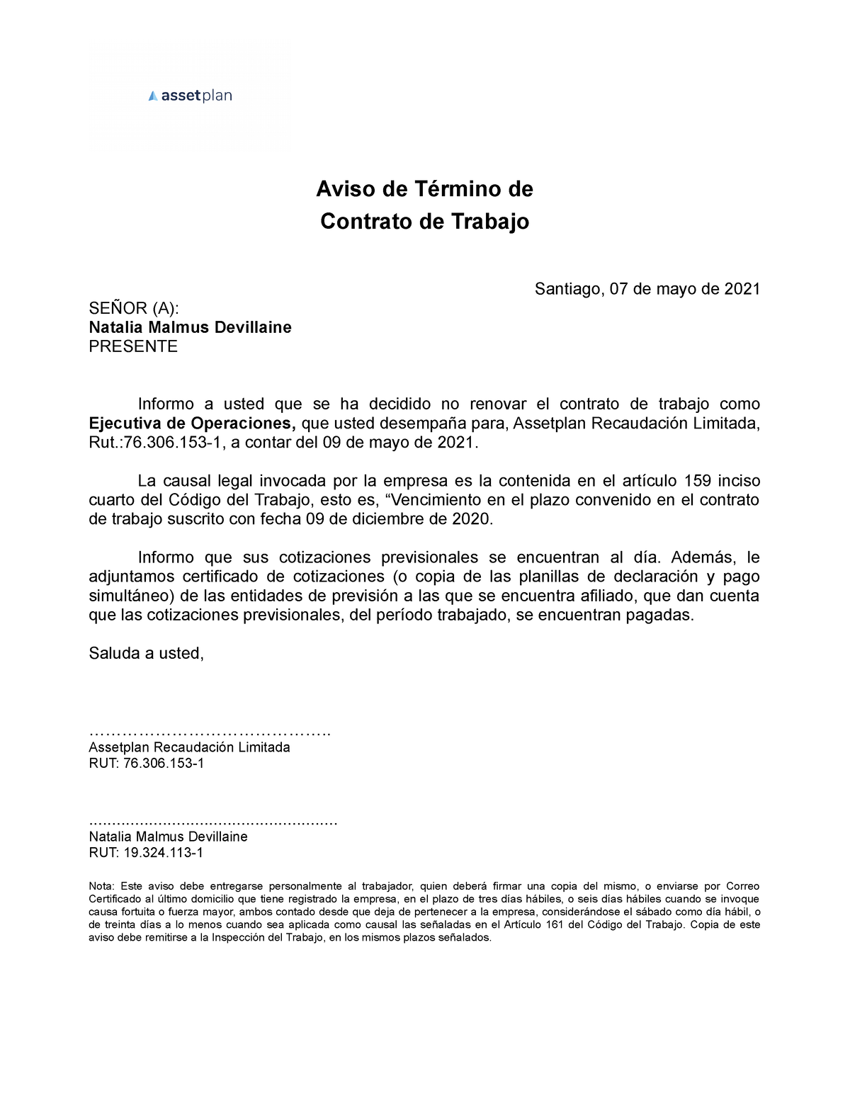 Carta Aviso modelo de contrato Aviso de Término de Contrato de Trabajo Santiago de mayo