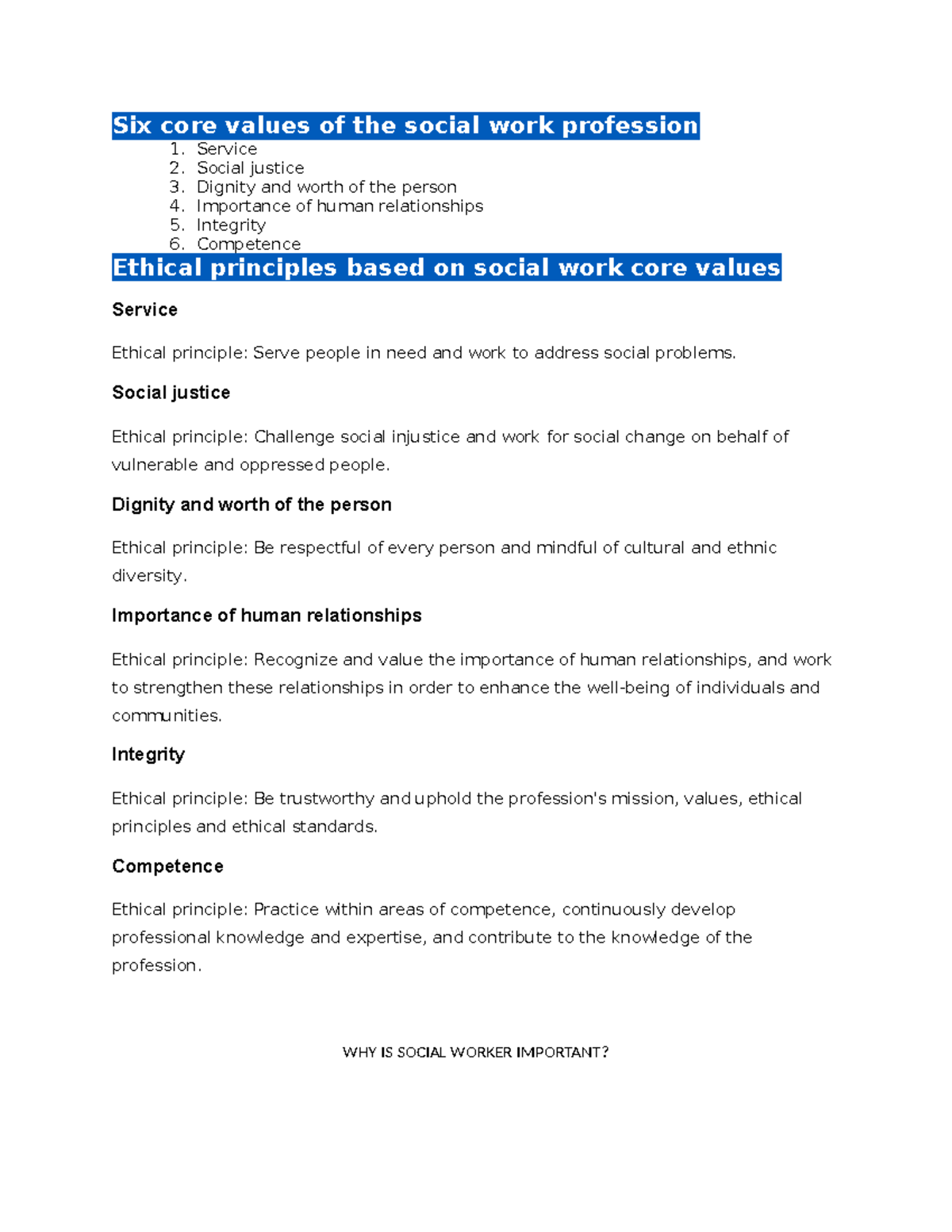 Social Worker Essay - Six core values of the social work profession 1 ...
