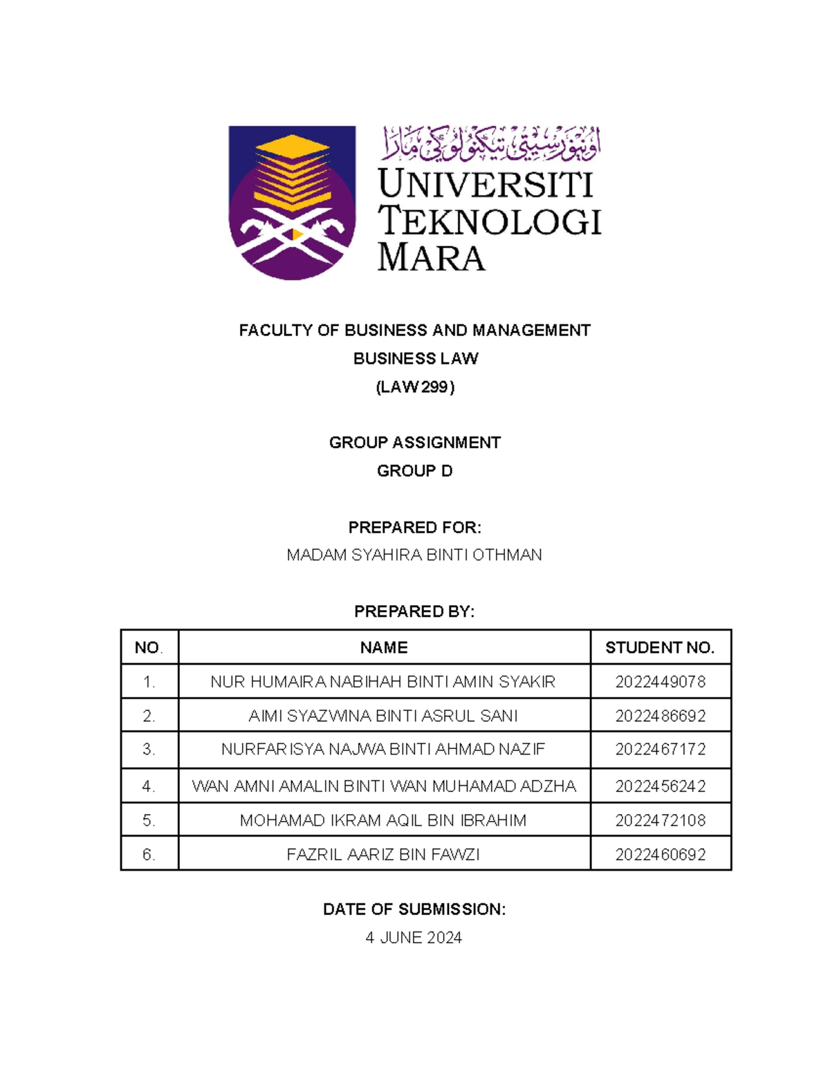 LAW Assignment Problematic Questions - FACULTY OF BUSINESS AND ...