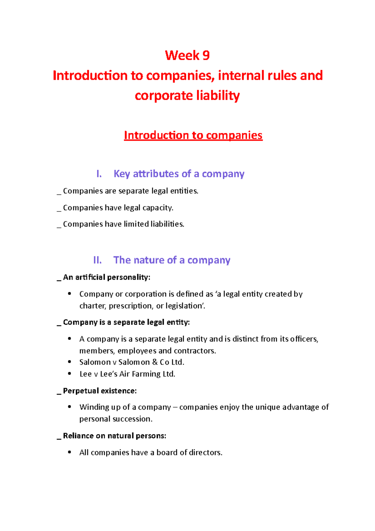 Companies, internal rules and corporate liability Week 9 Introduction