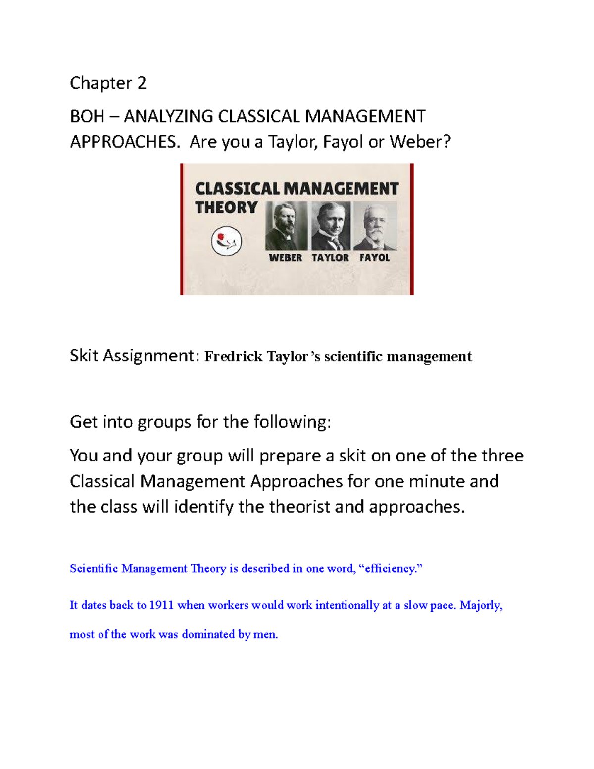 Skit on Classical Management Approaches - Chapter 2 BOH – ANALYZING ...