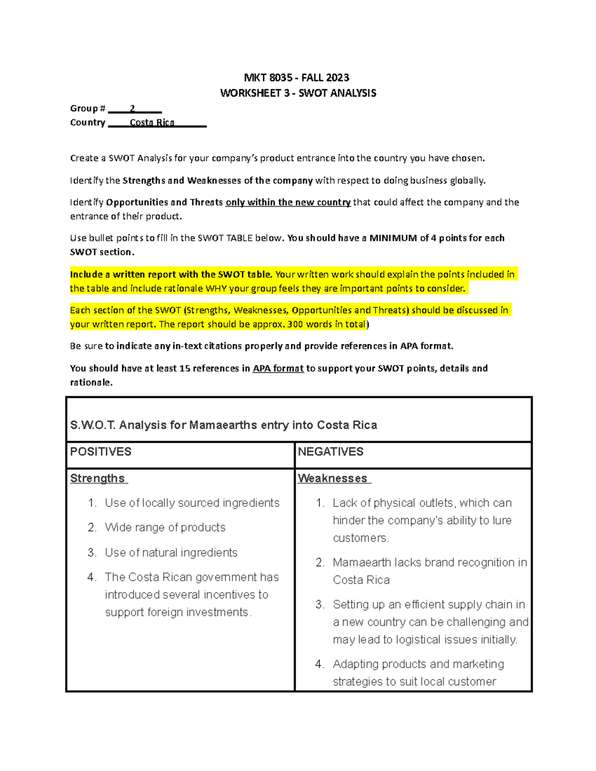 Worksheet 3- SWOT F23 - Swot - MKT 8035 - FALL 2023 WORKSHEET 3 - SWOT ...