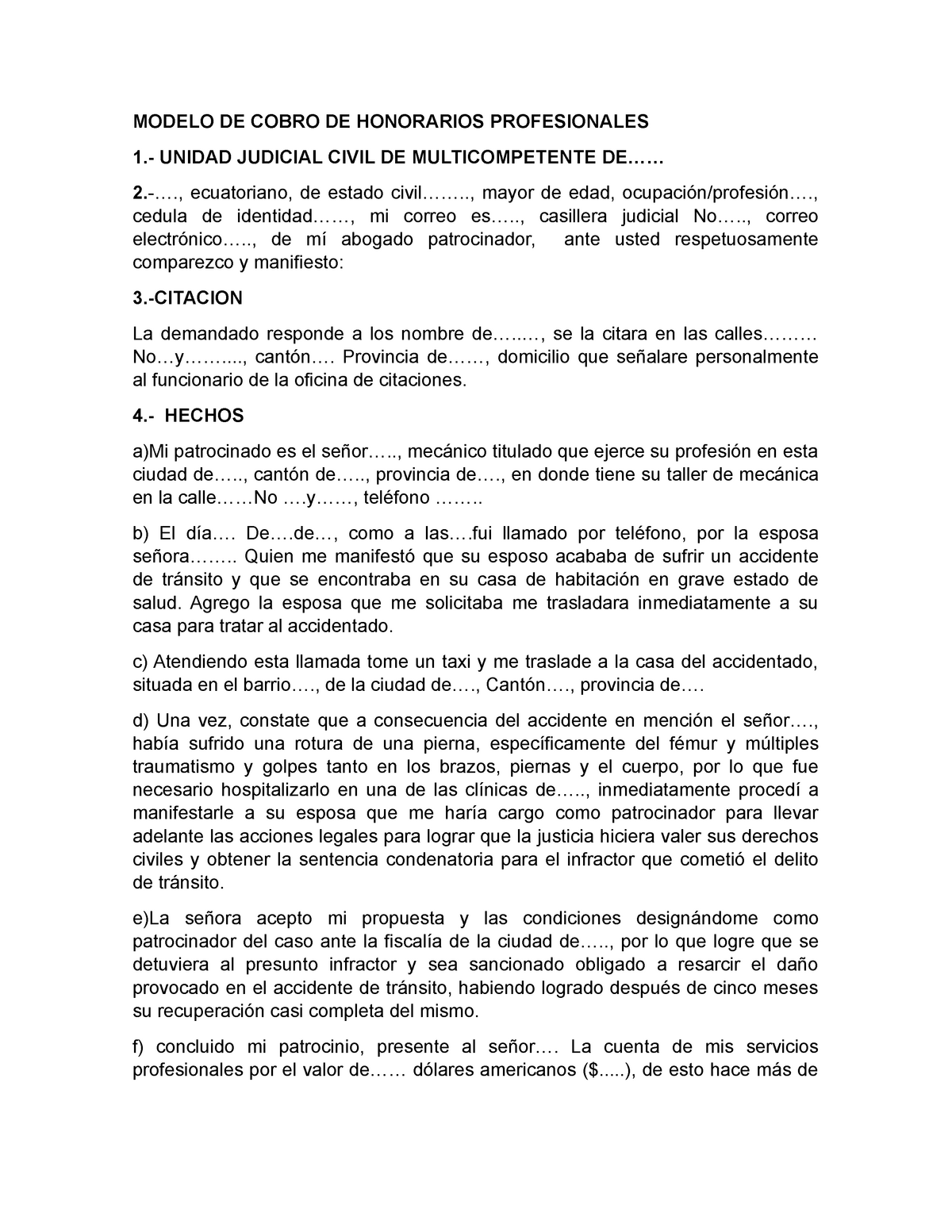 Modelo DE Cobro DE Honorarios Profesionales - MODELO DE COBRO DE HONORARIOS  PROFESIONALES  UNIDAD - Studocu