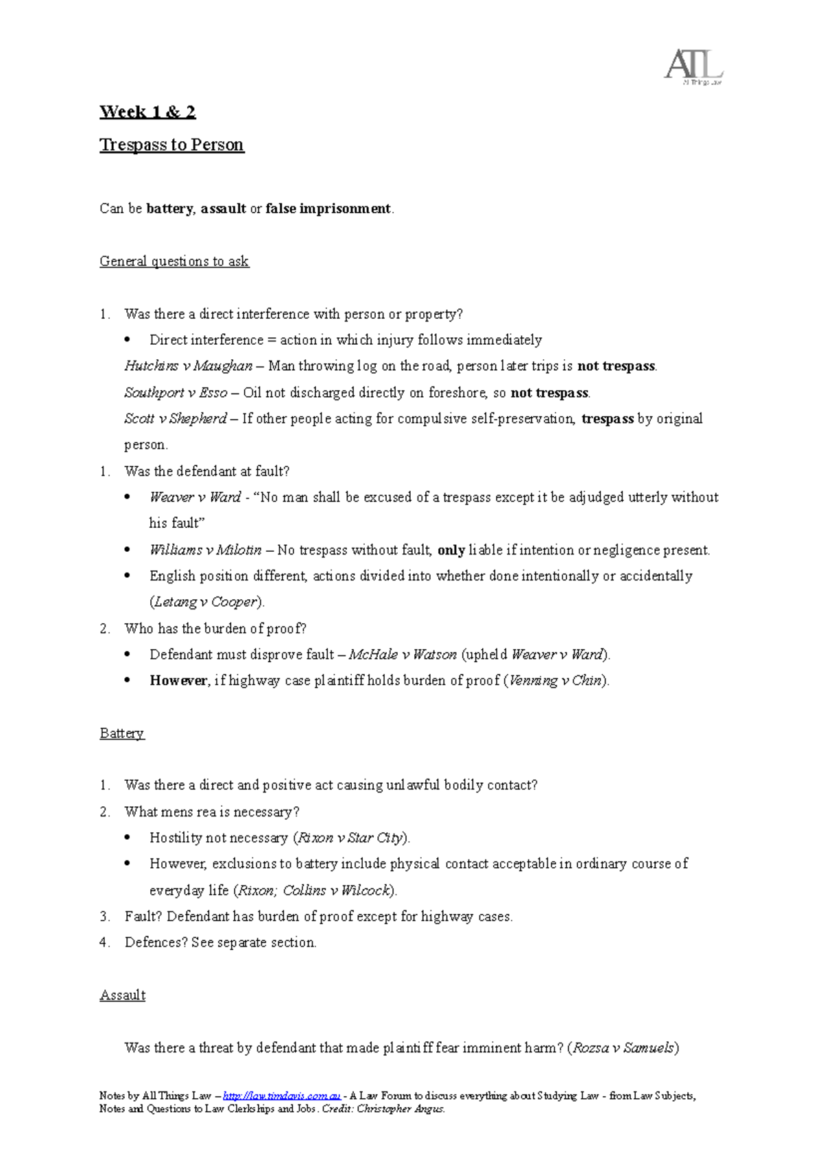 Tort-Raw-Notes - Raw Notes for Torts - Week 1 & 2 Trespass to Person ...