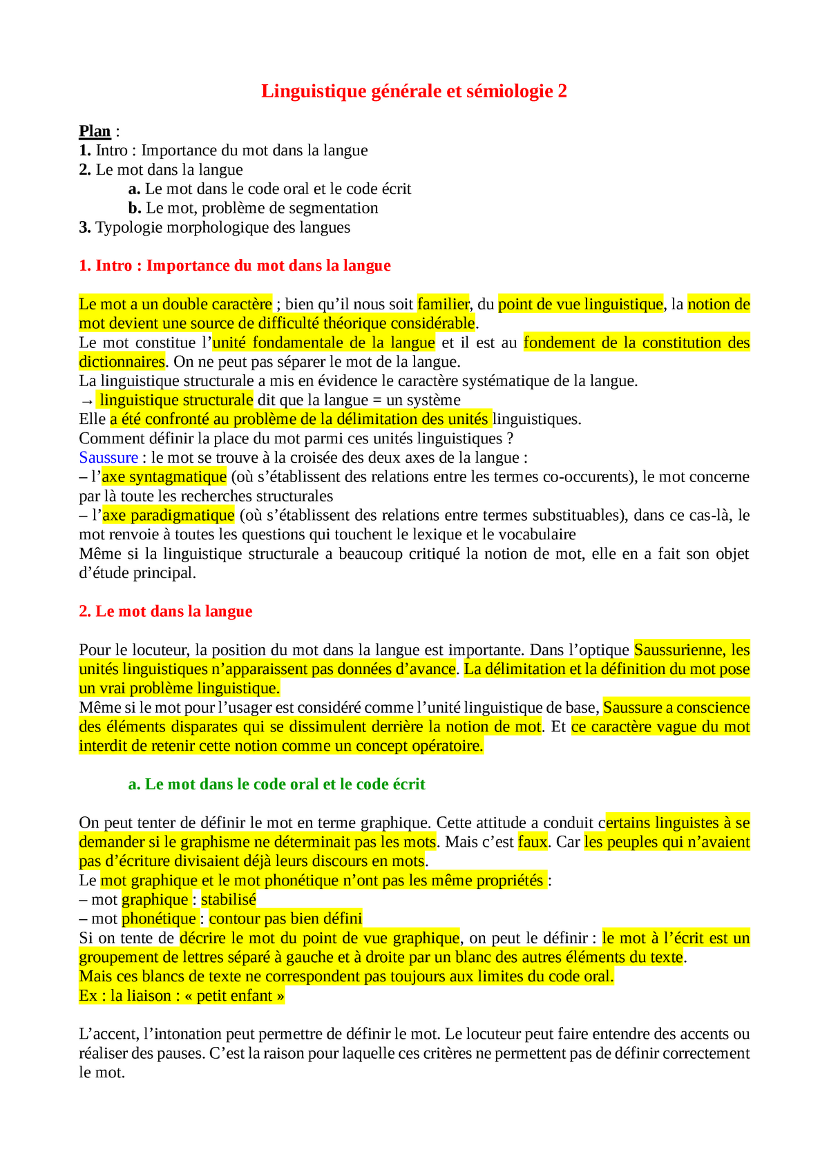 Linguistique Générale Et Sémiologie - Linguistique Et 2 Plan : 1. Intro ...