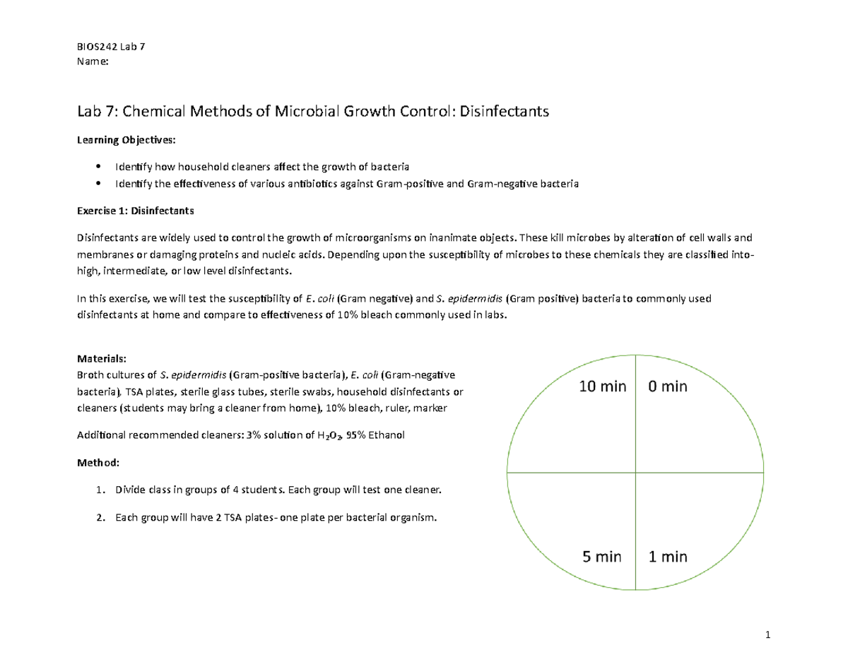 BIOS242 Week 4 Lab 7 Disinfectant and Antibiotics Name Lab 7