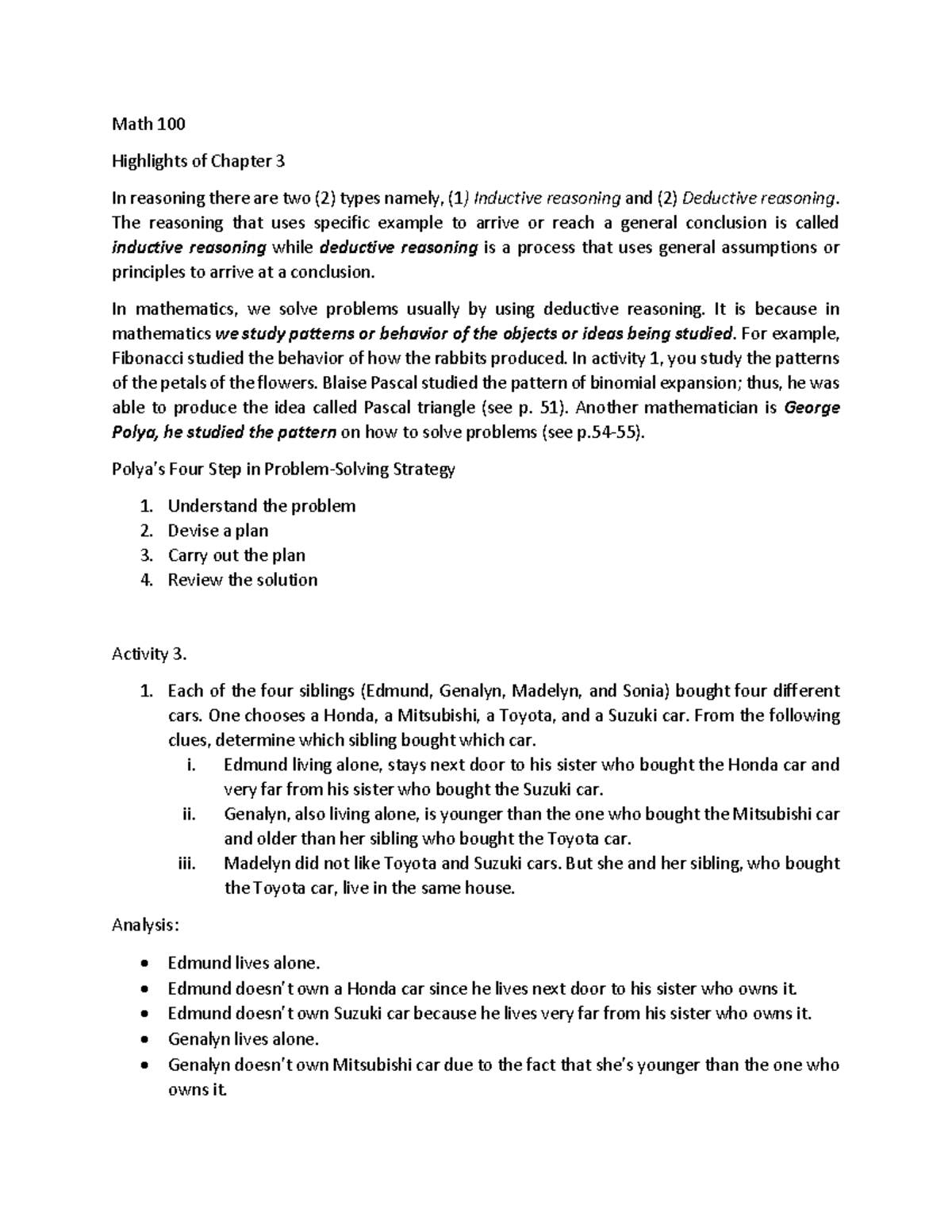 MATH 100 Activity 3 - Math 100 Highlights of Chapter 3 In reasoning ...