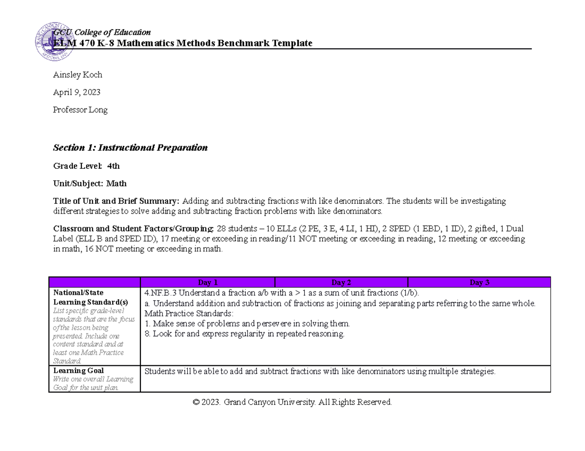 ELM 470 Benchmark Template Spring 2023 - GCU College Of Education ELM ...