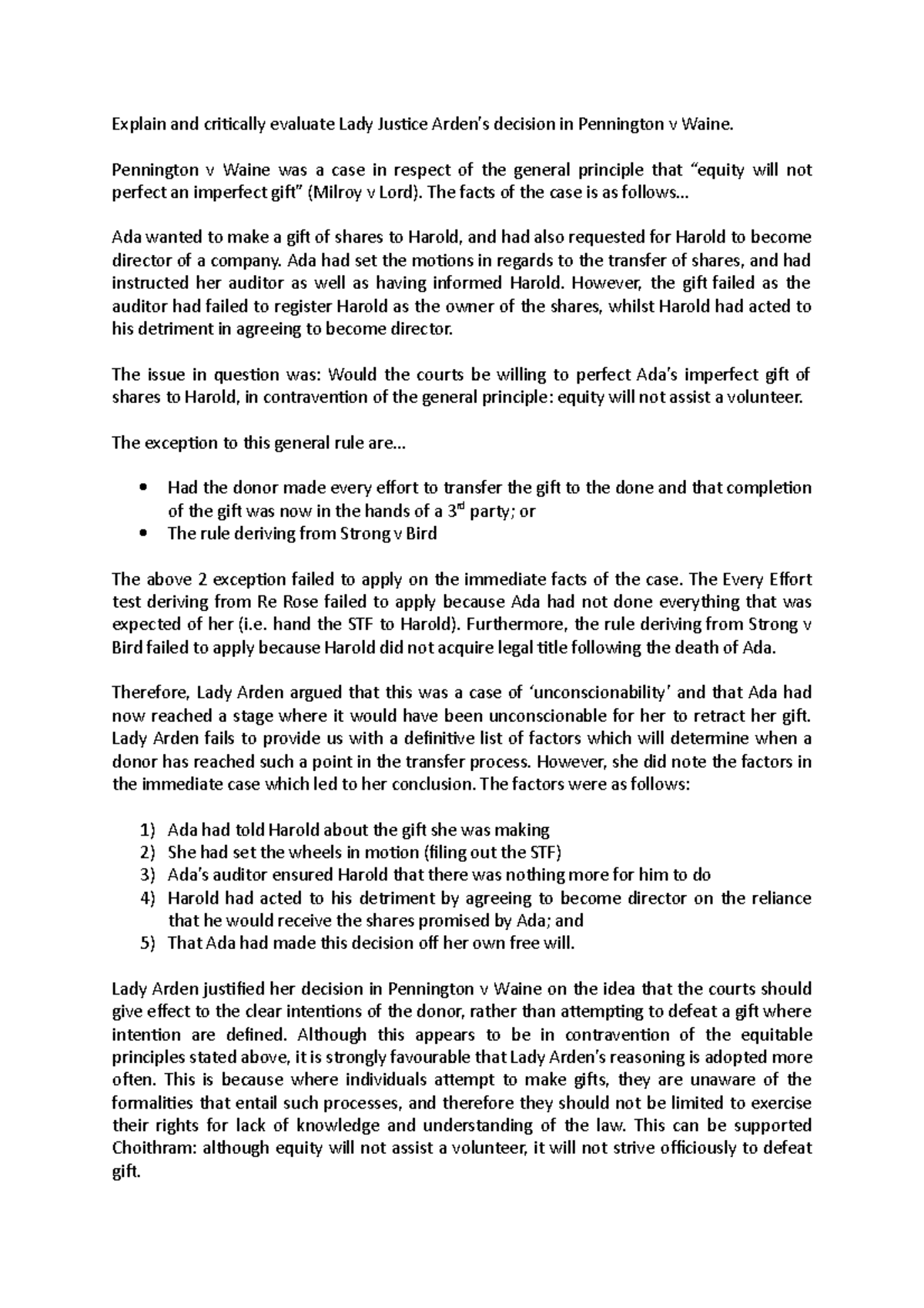 Pennington v Waine Critical Explain and critically evaluate Lady