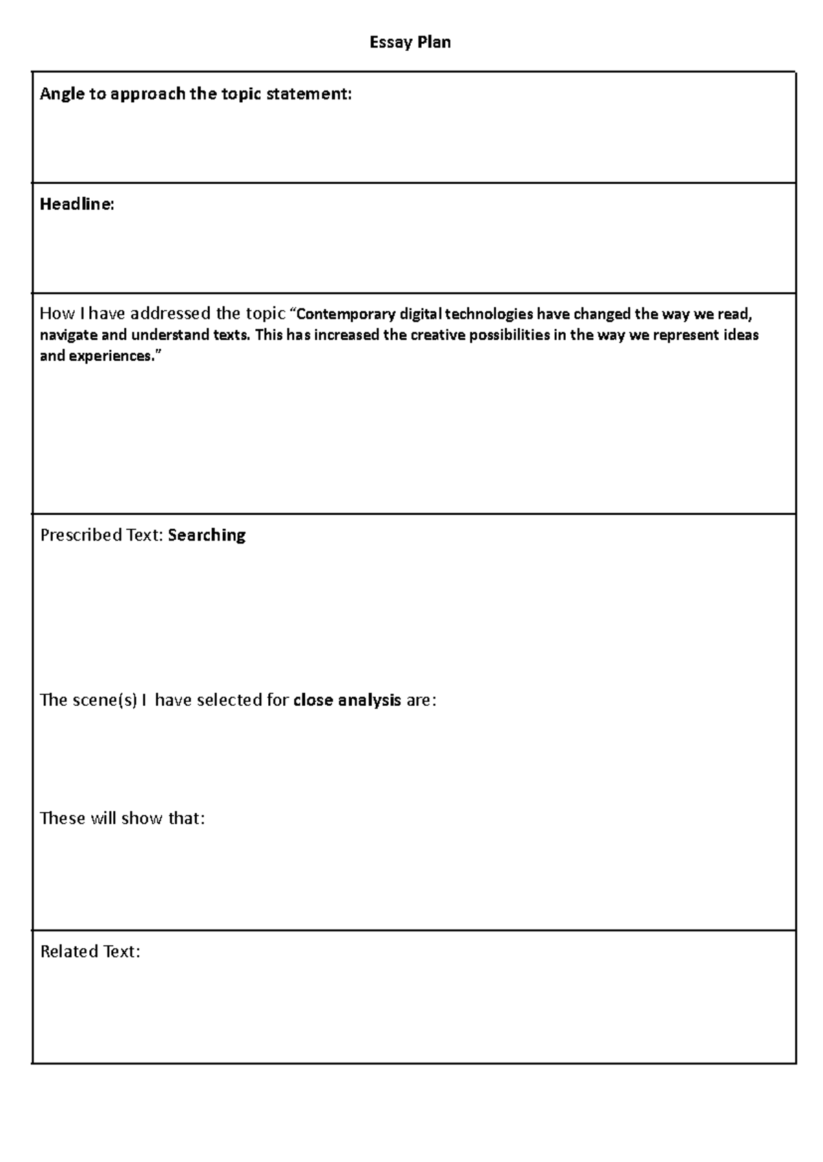 Digital Essay Plan Template - Essay Plan Angle to approach the topic ...