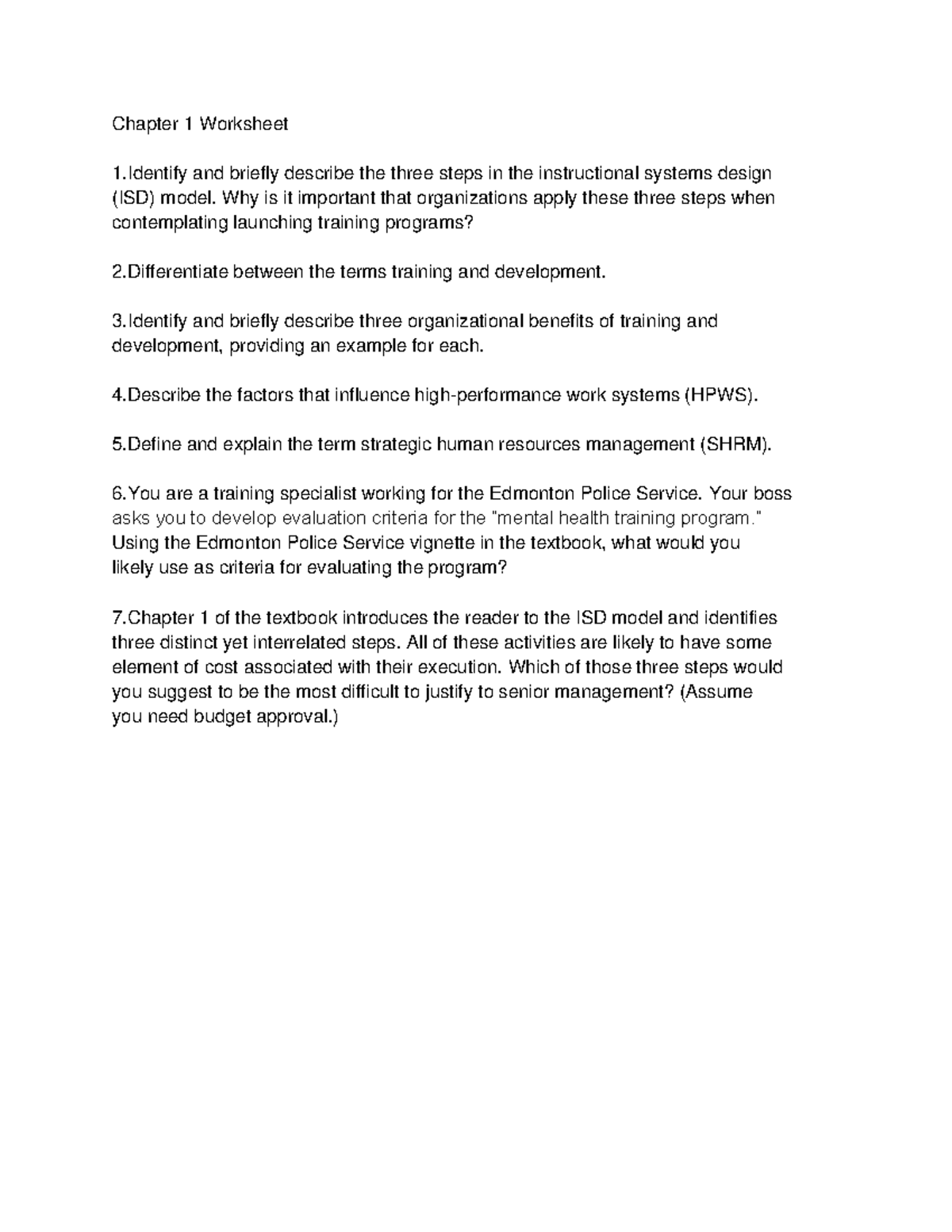 Training&Development - Chapter 1 Worksheet - Chapter 1 Worksheet 1 and ...