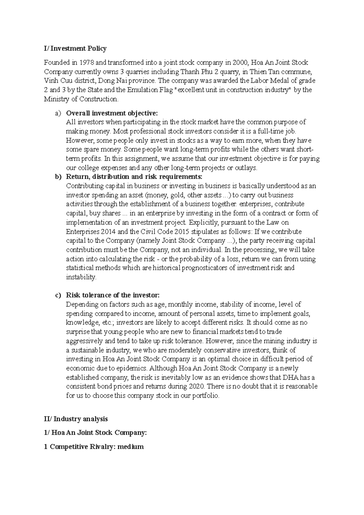 DHA - Hope this information is useful for you. - I/ Investment Policy ...