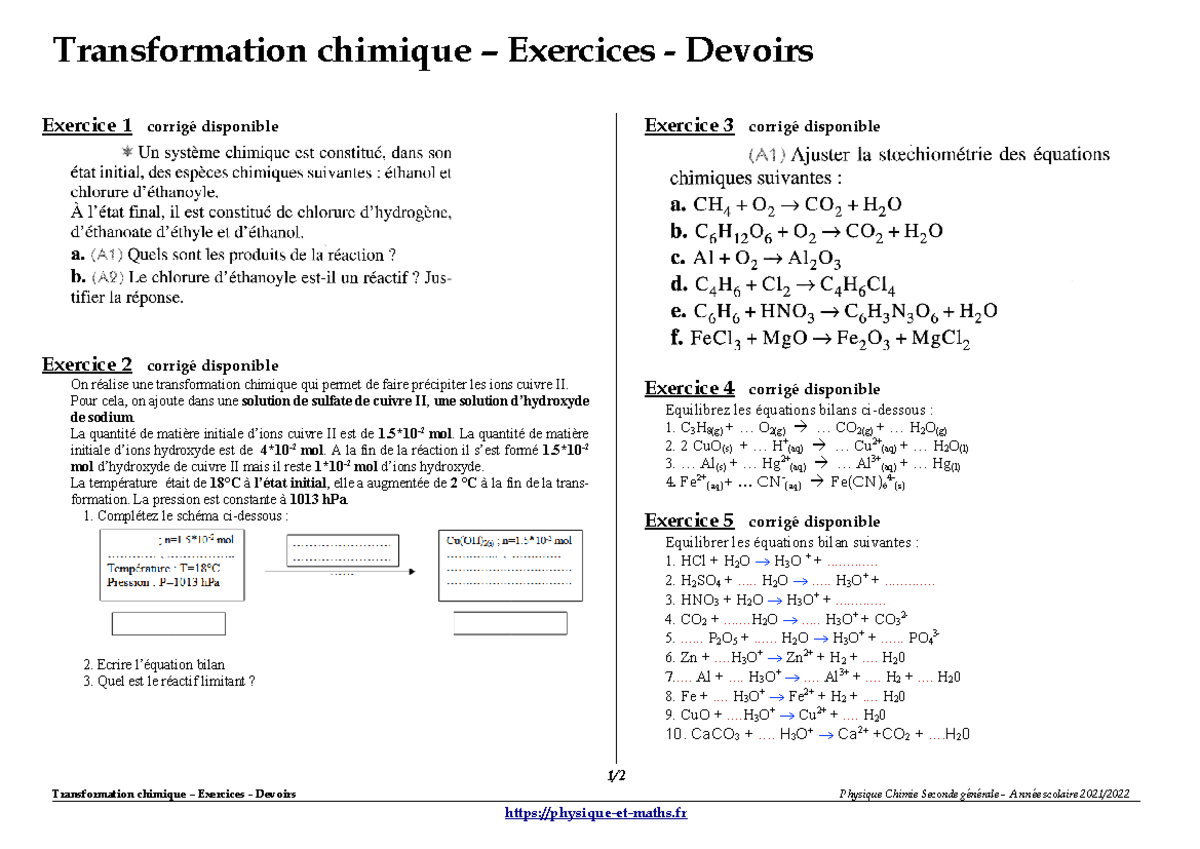 Transformation chimique exercices - Transformation chimique – Exercices