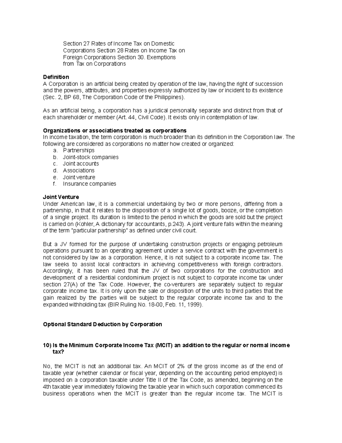 Tax on Corporations Teacher LOMA LINDA A. SAY Section 27 Rates of