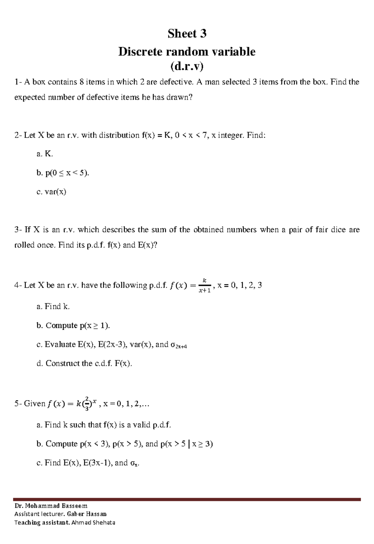 Sheet 3 Probability Dr Mohammad Basseem Assistant Lecturer Gaber Hassan Studocu